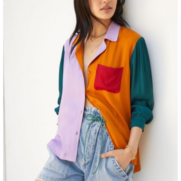 FARM Rio Colorblock Puffed Sleeve button down top Size Small EUC - Picture 1 of 11